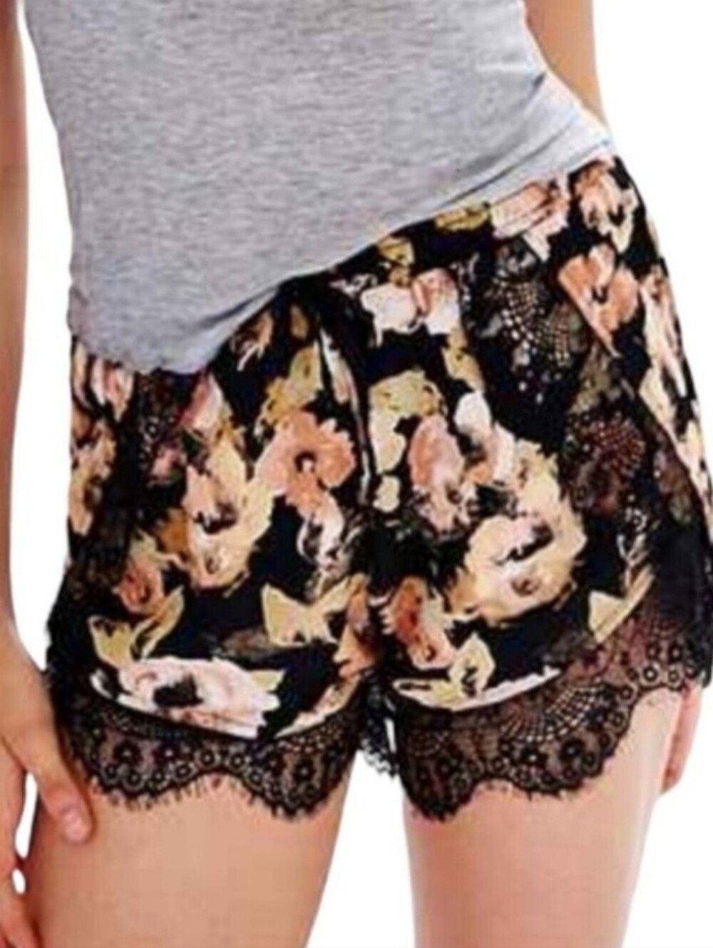 Paper Crane Kimchi Black Floral Lace Trim High Waist Shorts - Blush & Cream